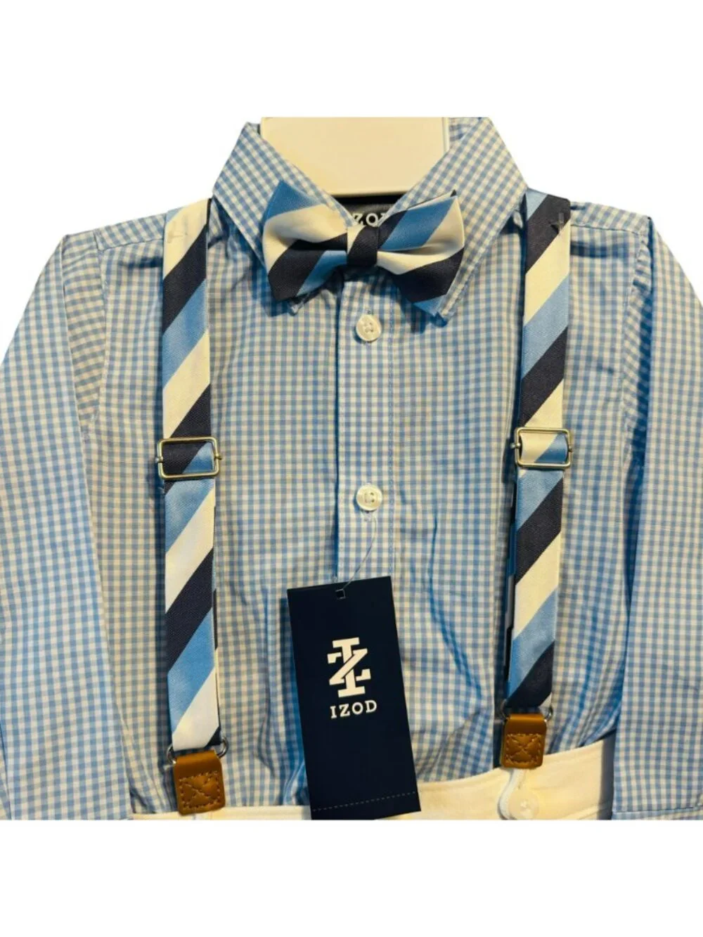 IZOD Baby Boys Blue Checkered Shirt White Pants Bow Tie & Suspenders 4-Piece Out